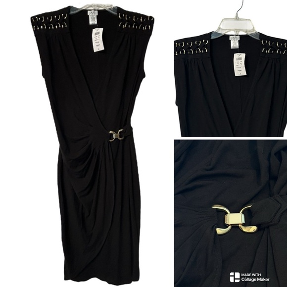 Cache Dresses & Skirts - NWT Cache Black and Gold Ruched faux wrap Dress